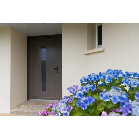 porte d'entrée aluminium avec panneau décor et liserés en inox